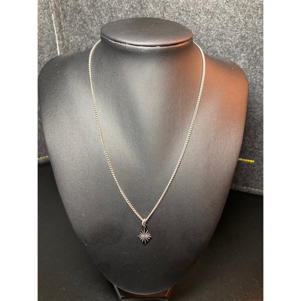 Vtg Style Starburst Pendant Necklace Black Enamel Silver Tone Minimalist Dainty